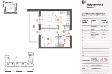 Rzut - Mieszkanie na sprzedaż 2 pokoje o powierzchni 31,92 m² - numer 186 w Nałęczowska etap III