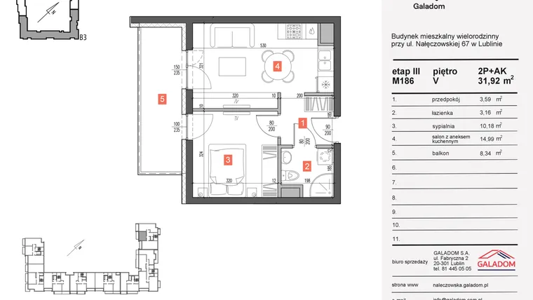 Rzut - Mieszkanie na sprzedaż 2 pokoje o powierzchni 31,92 m² - numer 186 w Nałęczowska etap III