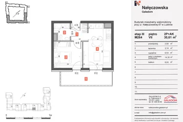 Rzut - Mieszkanie na sprzedaż 2 pokoje o powierzchni 30,61 m² - numer 264 w Nałęczowska etap III