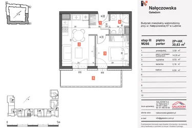 Rzut - Mieszkanie na sprzedaż 2 pokoje o powierzchni 30,63 m² - numer 266 w Nałęczowska etap III