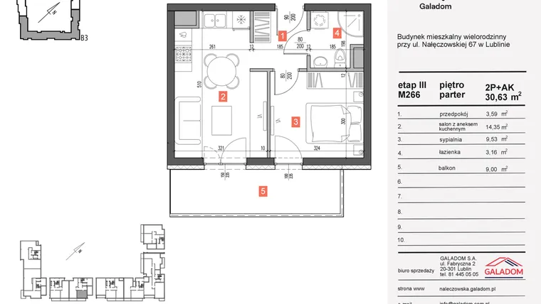 Rzut - Mieszkanie na sprzedaż 2 pokoje o powierzchni 30,63 m² - numer 266 w Nałęczowska etap III