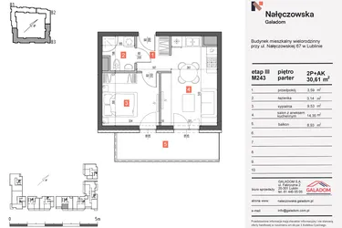 Rzut - Mieszkanie na sprzedaż 2 pokoje o powierzchni 30,61 m² - numer 243 w Nałęczowska etap III