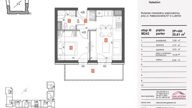 Rzut - Mieszkanie na sprzedaż 2 pokoje o powierzchni 30,61 m² - numer 243 w Nałęczowska etap III