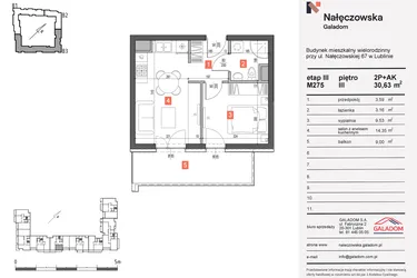 Rzut - Mieszkanie na sprzedaż 2 pokoje o powierzchni 30,63 m² - numer 275 w Nałęczowska etap III