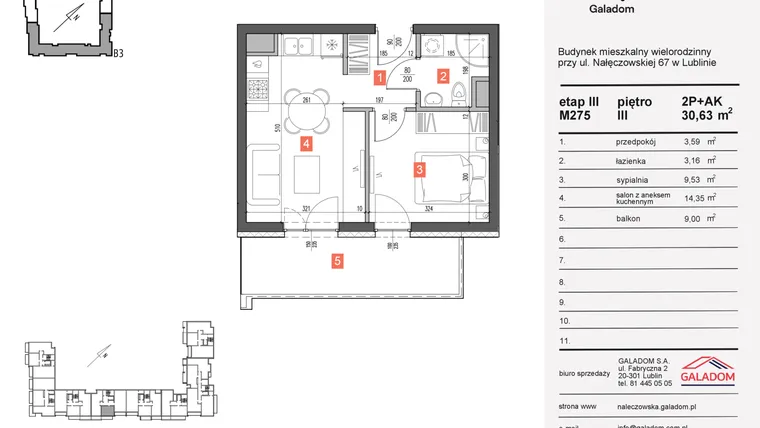 Rzut - Mieszkanie na sprzedaż 2 pokoje o powierzchni 30,63 m² - numer 275 w Nałęczowska etap III