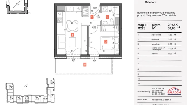 Rzut - Mieszkanie na sprzedaż 2 pokoje o powierzchni 30,63 m² - numer 278 w Nałęczowska etap III