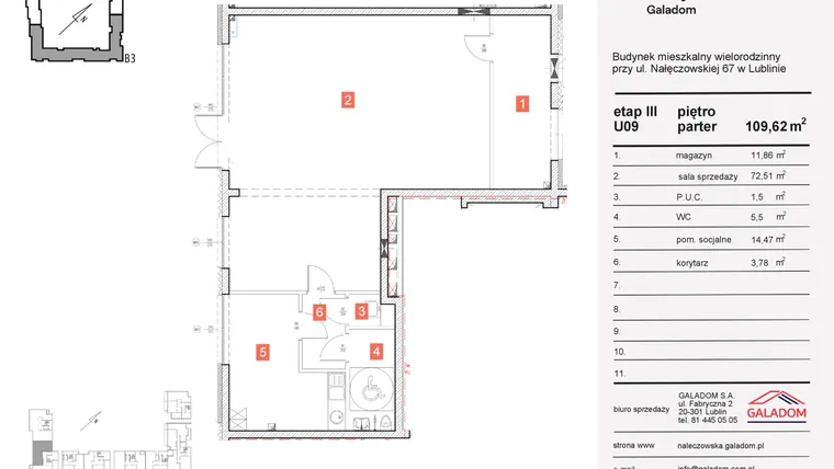 Rzut - Lokal użytkowy na sprzedaż 3 pokoje o powierzchni 109,62 m² - numer U-9 w Nałęczowska etap III
