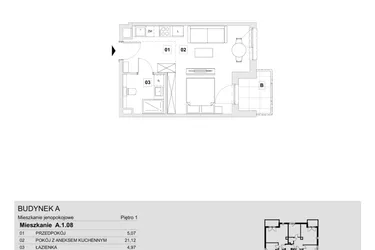 Rzut - Mieszkanie na sprzedaż 1 pokój o powierzchni 31,16 m² - numer A.1.08 w Wzgórze Oruni