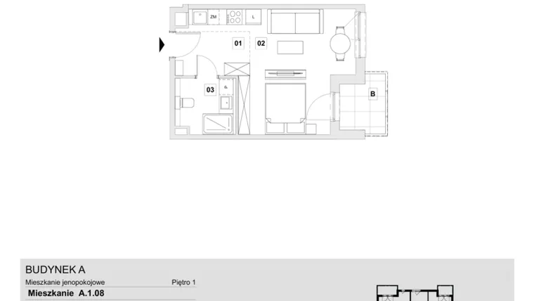 Rzut - Mieszkanie na sprzedaż 1 pokój o powierzchni 31,16 m² - numer A.1.08 w Wzgórze Oruni
