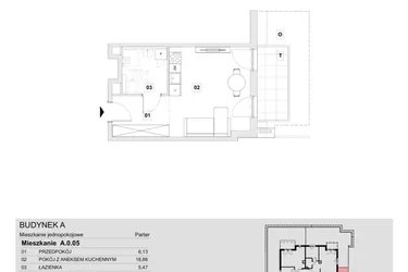 Rzut - Mieszkanie na sprzedaż 1 pokój o powierzchni 30,46 m² - numer A.0.05 w Wzgórze Oruni