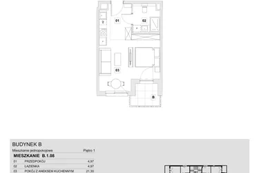 Rzut - Mieszkanie na sprzedaż 1 pokój o powierzchni 31,24 m² - numer B.1.08 w Wzgórze Oruni