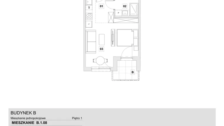 Rzut - Mieszkanie na sprzedaż 1 pokój o powierzchni 31,24 m² - numer B.1.08 w Wzgórze Oruni