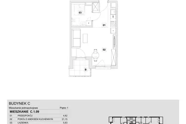 Rzut - Mieszkanie na sprzedaż 1 pokój o powierzchni 31,8 m² - numer C.1.09 w Wzgórze Oruni