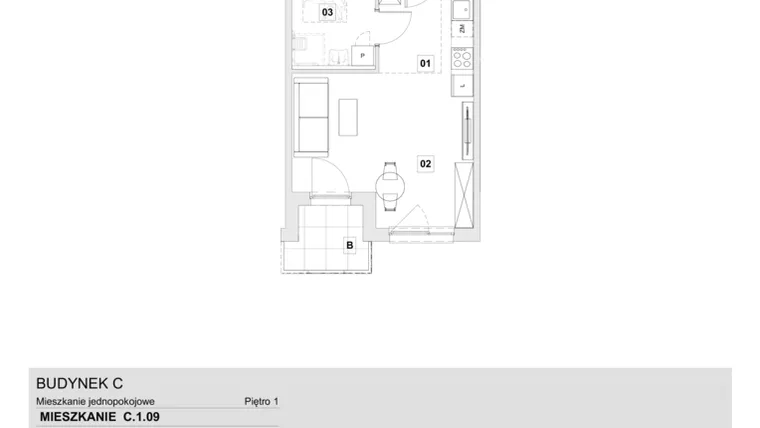 Rzut - Mieszkanie na sprzedaż 1 pokój o powierzchni 31,8 m² - numer C.1.09 w Wzgórze Oruni