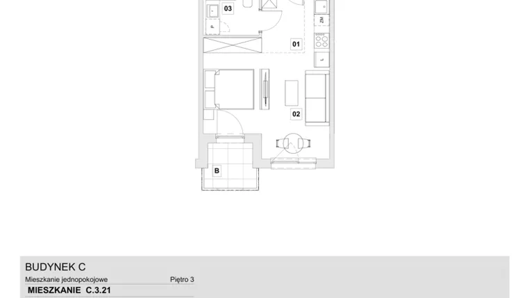 Rzut - Mieszkanie na sprzedaż 1 pokój o powierzchni 31,78 m² - numer C.3.21 w Wzgórze Oruni