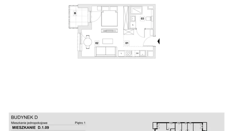 Rzut - Mieszkanie na sprzedaż 1 pokój o powierzchni 31,9 m² - numer D.1.09 w Wzgórze Oruni
