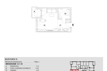 Rzut - Mieszkanie na sprzedaż 1 pokój o powierzchni 31,97 m² - numer D.1.10 w Wzgórze Oruni