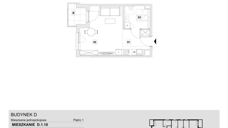 Rzut - Mieszkanie na sprzedaż 1 pokój o powierzchni 31,97 m² - numer D.1.10 w Wzgórze Oruni