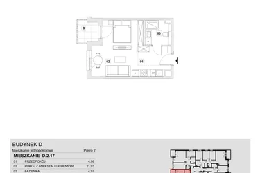 Rzut - Mieszkanie na sprzedaż 1 pokój o powierzchni 31,88 m² - numer D.2.17 w Wzgórze Oruni