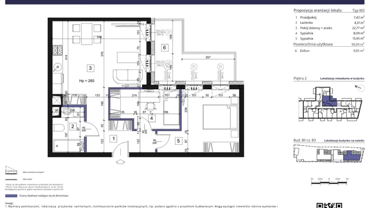 Rzut - Mieszkanie na sprzedaż 3 pokoje o powierzchni 56,11 m² - numer B3 – M2.9 w Primacasa