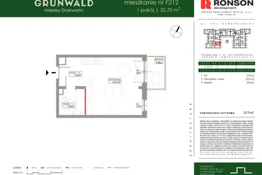 Rzut - Mieszkanie na sprzedaż 1 pokój o powierzchni 32,7 m² - numer F212 w Grunwald Między Drzewami etap III