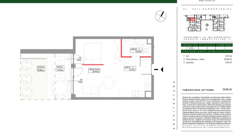 Rzut - Mieszkanie na sprzedaż 1 pokój o powierzchni 36,96 m² - numer F209 w Grunwald Między Drzewami etap III