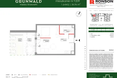 Rzut - Mieszkanie na sprzedaż 1 pokój o powierzchni 36,96 m² - numer F209 w Grunwald Między Drzewami etap III