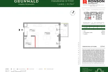 Rzut - Mieszkanie na sprzedaż 1 pokój o powierzchni 32,7 m² - numer F222 w Grunwald Między Drzewami etap III