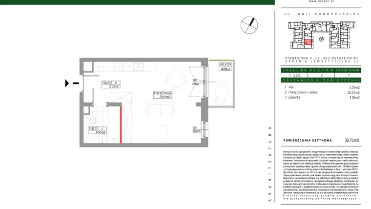 Rzut - Mieszkanie na sprzedaż 1 pokój o powierzchni 32,7 m² - numer F222 w Grunwald Między Drzewami etap III