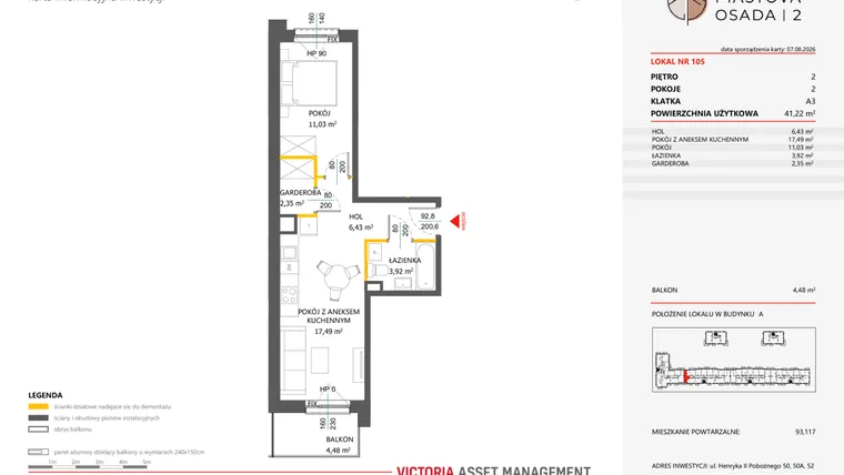 Rzut - Mieszkanie na sprzedaż 2 pokoje o powierzchni 41,22 m² - numer 105 w Piastova Osada 2