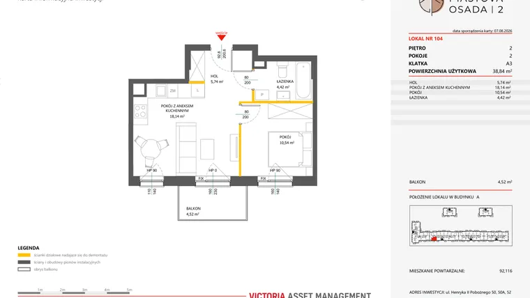 Rzut - Mieszkanie na sprzedaż 2 pokoje o powierzchni 38,84 m² - numer 104 w Piastova Osada 2