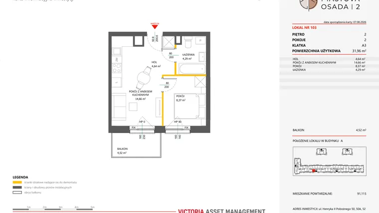 Rzut - Mieszkanie na sprzedaż 2 pokoje o powierzchni 31,96 m² - numer 103 w Piastova Osada 2