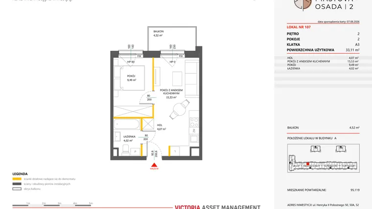 Rzut - Mieszkanie na sprzedaż 2 pokoje o powierzchni 33,11 m² - numer 107 w Piastova Osada 2