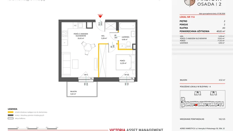Rzut - Mieszkanie na sprzedaż 2 pokoje o powierzchni 40,83 m² - numer 114 w Piastova Osada 2