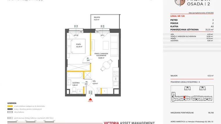 Rzut - Mieszkanie na sprzedaż 2 pokoje o powierzchni 35,33 m² - numer 120 w Piastova Osada 2