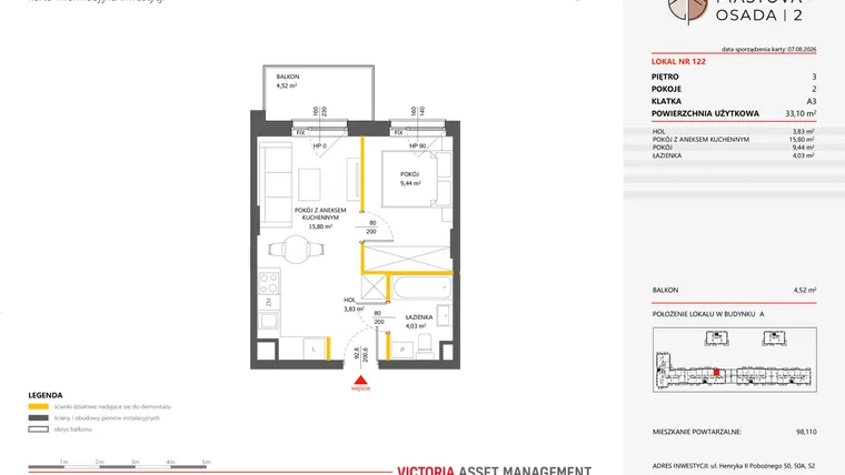 Rzut - Mieszkanie na sprzedaż 2 pokoje o powierzchni 33,1 m² - numer 122 w Piastova Osada 2