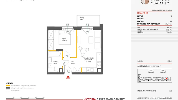 Rzut - Mieszkanie na sprzedaż 2 pokoje o powierzchni 38,68 m² - numer 14 w Piastova Osada 2
