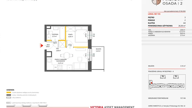 Rzut - Mieszkanie na sprzedaż 2 pokoje o powierzchni 26,38 m² - numer 155 w Piastova Osada 2