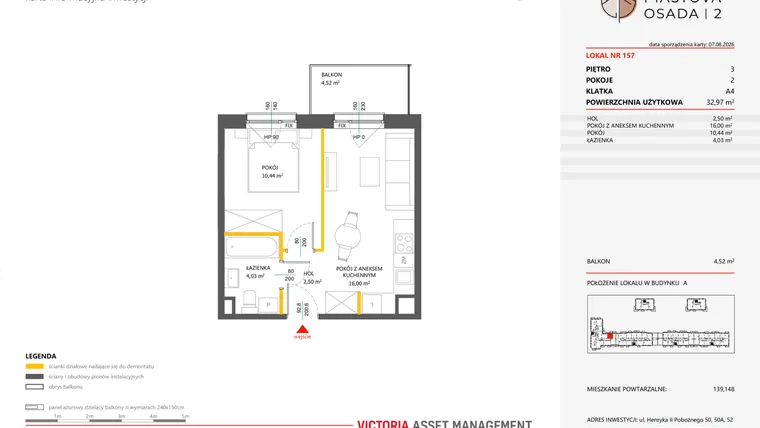 Rzut - Mieszkanie na sprzedaż 2 pokoje o powierzchni 32,97 m² - numer 157 w Piastova Osada 2