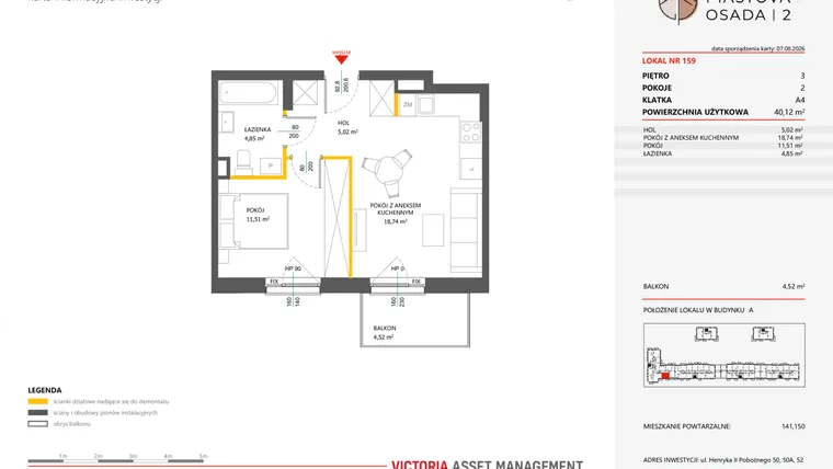 Rzut - Mieszkanie na sprzedaż 2 pokoje o powierzchni 40,12 m² - numer 159 w Piastova Osada 2