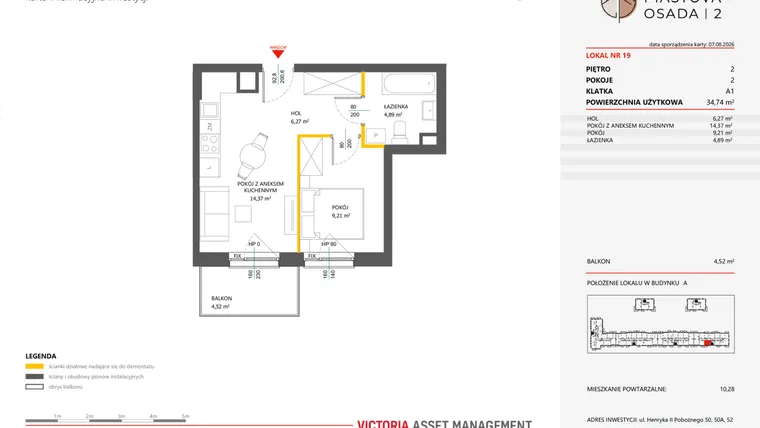 Rzut - Mieszkanie na sprzedaż 2 pokoje o powierzchni 34,74 m² - numer 19 w Piastova Osada 2