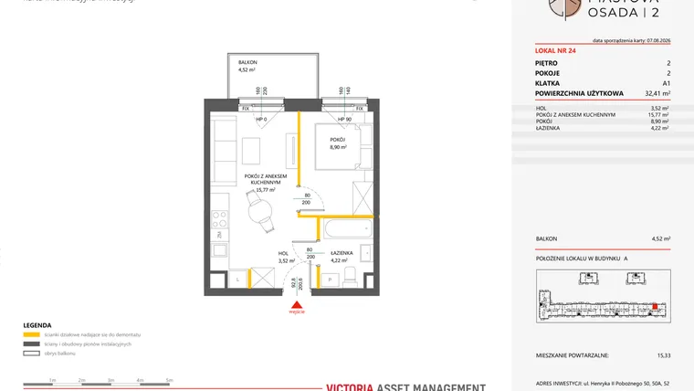 Rzut - Mieszkanie na sprzedaż 2 pokoje o powierzchni 32,41 m² - numer 24 w Piastova Osada 2