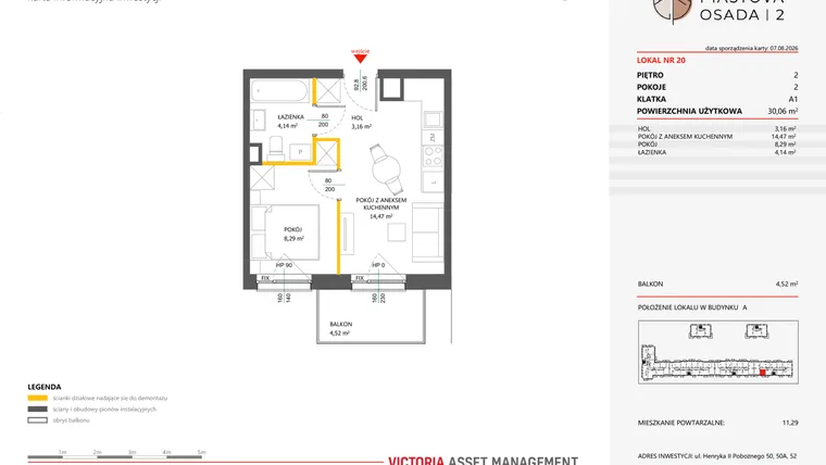 Rzut - Mieszkanie na sprzedaż 2 pokoje o powierzchni 30,06 m² - numer 20 w Piastova Osada 2