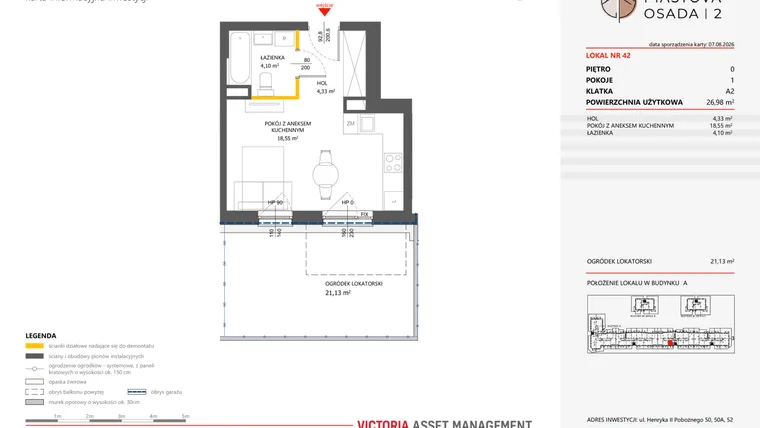Rzut - Mieszkanie na sprzedaż 1 pokój o powierzchni 26,98 m² - numer 42 w Piastova Osada 2
