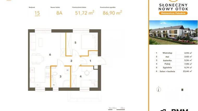 Rzut - Mieszkanie na sprzedaż 3 pokoje o powierzchni 51,72 m² - numer 8A w Słoneczny Nowy Otok - Malownicza Południe etap IV