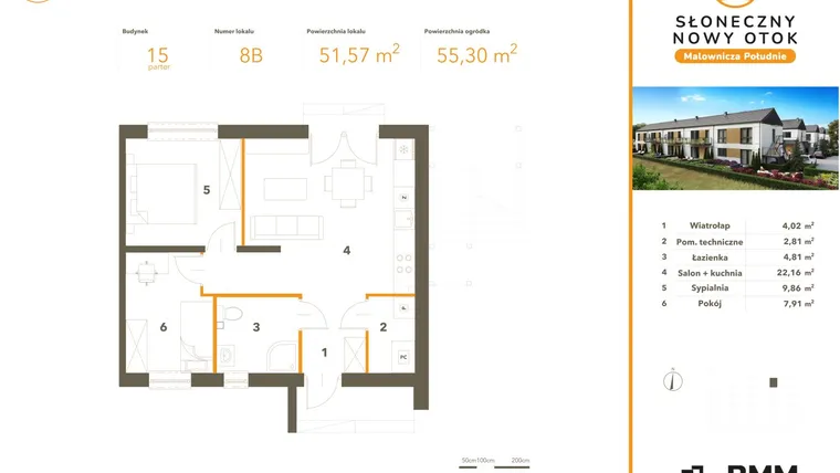 Rzut - Mieszkanie na sprzedaż 3 pokoje o powierzchni 51,57 m² - numer 8B w Słoneczny Nowy Otok - Malownicza Południe etap IV