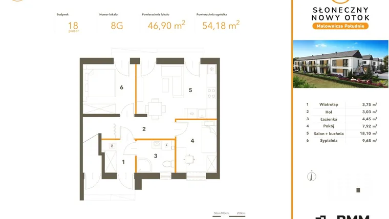 Rzut - Mieszkanie na sprzedaż 3 pokoje o powierzchni 46,9 m² - numer 8G w Słoneczny Nowy Otok - Malownicza Południe etap IV