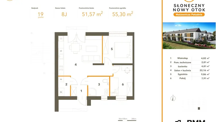 Rzut - Mieszkanie na sprzedaż 3 pokoje o powierzchni 51,57 m² - numer 8J w Słoneczny Nowy Otok - Malownicza Południe etap IV