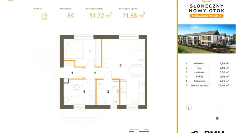 Rzut - Mieszkanie na sprzedaż 3 pokoje o powierzchni 51,72 m² - numer 8K w Słoneczny Nowy Otok - Malownicza Południe etap IV