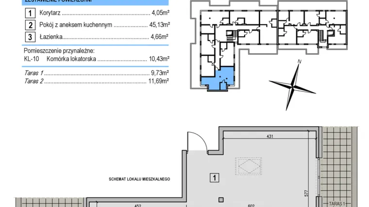 Rzut - Mieszkanie na sprzedaż 1 pokój o powierzchni 53,84 m² - numer A33 w Korona Jadwigi